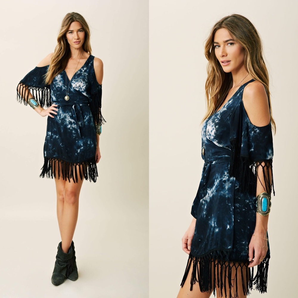 PLANET BLUE - BLU MOON TIE DYE WRAP FRINGE DRESS
